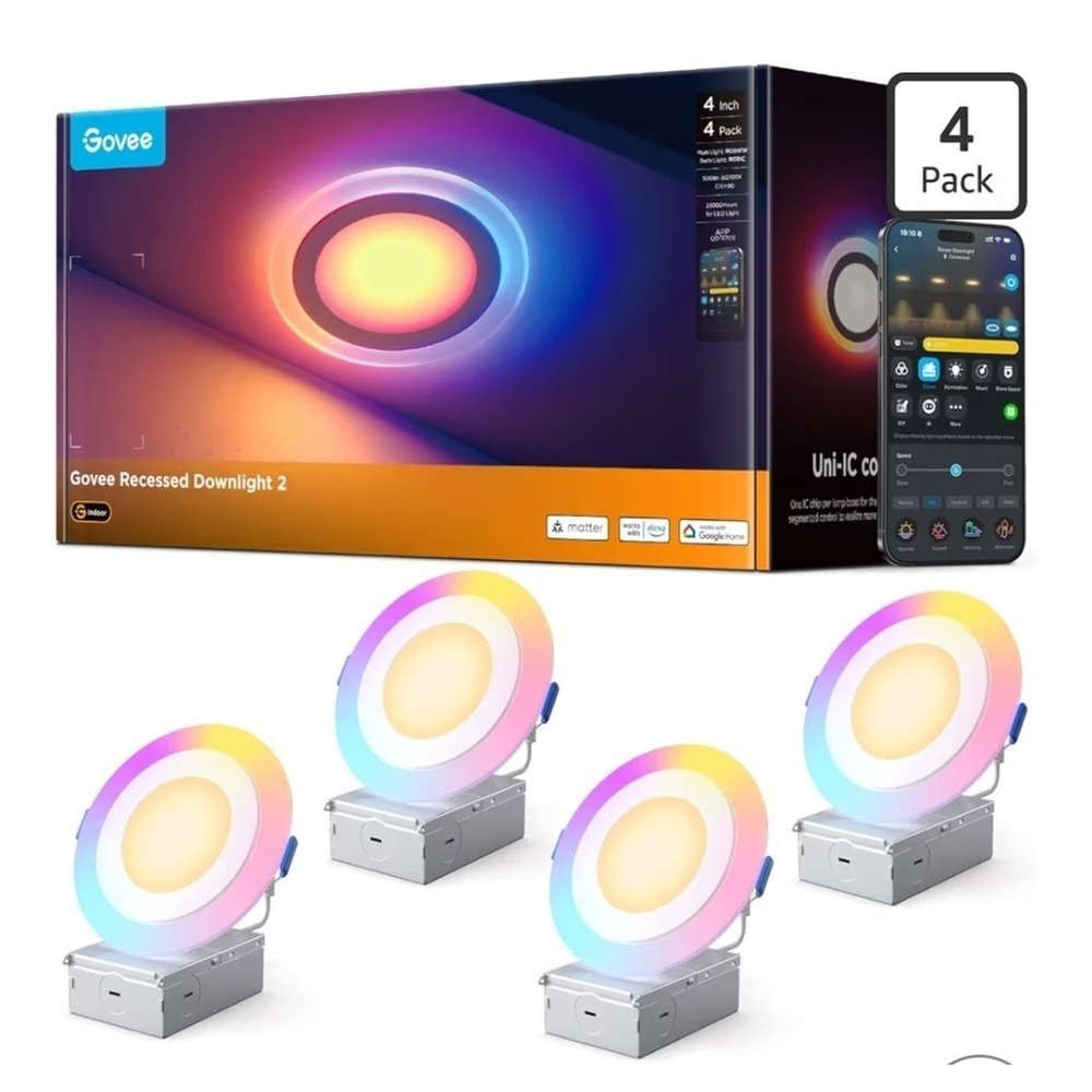 Govee Smart Recessed Downlight 2 4" RGBIC LED Lights 4-Pack WiFi App Control NEW